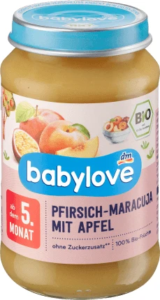 Babylove Meniu de piersică cu maracuja și măr ECO,5+, 190 g