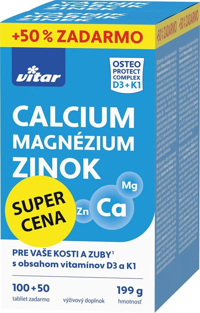 Vitar Calciu + Magneziu + Zinc + Vitamine D3 și K1 150 comprimate