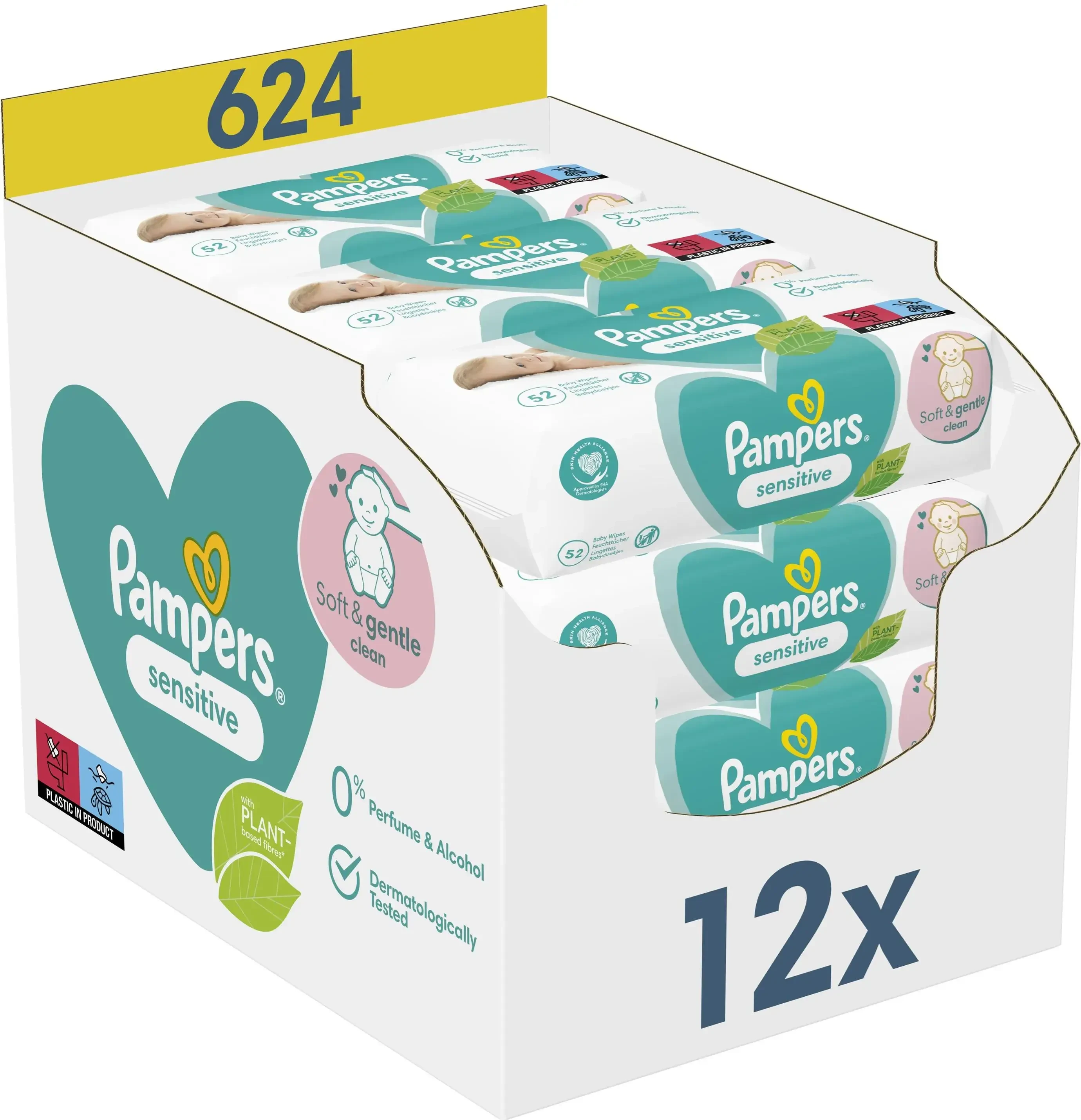 Șervețele umede Sensitive, 12 x 52 bucăți, Pampers 
