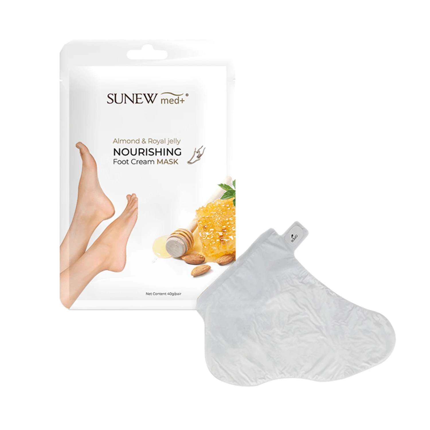 SunewMed+, mască nutritivă pentru picioare, ulei de migdale dulci și lăptișor de matcă, șosete, 40 g