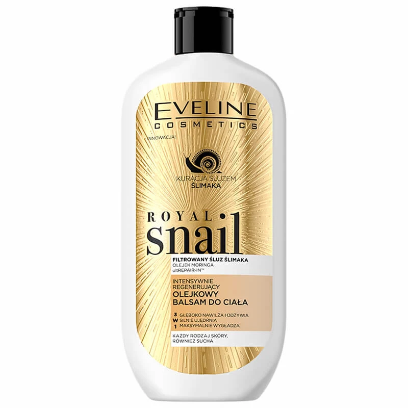 Eveline Cosmetics Royal Snail, Loțiune de corp cu ulei intens regenerator 3 în 1, toate tipurile de ten, 350 ml