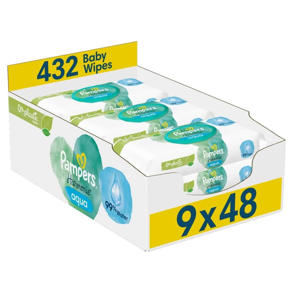 Pachet Șervețele umede Harmonie Aqua, 9 x 48 bucăți, Pampers 
