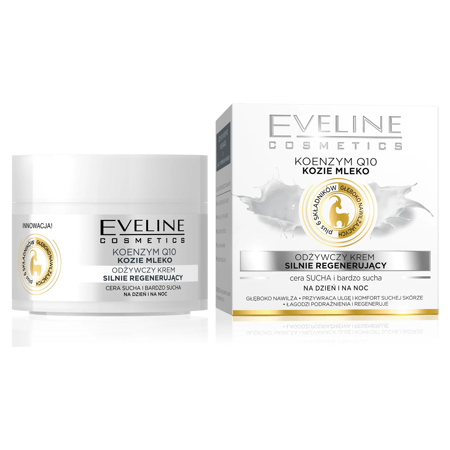 Eveline Cosmetics, cremă hrănitoare puternic regenerantă Coenzima Q10 + lapte de capră, piele uscată și foarte uscată, 50 ml