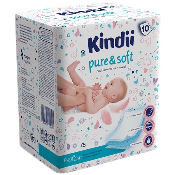 Kindii Pure & Soft, tampoane pentru copii, de unică folosință, 60 cm x 60 cm, 10 bucăți