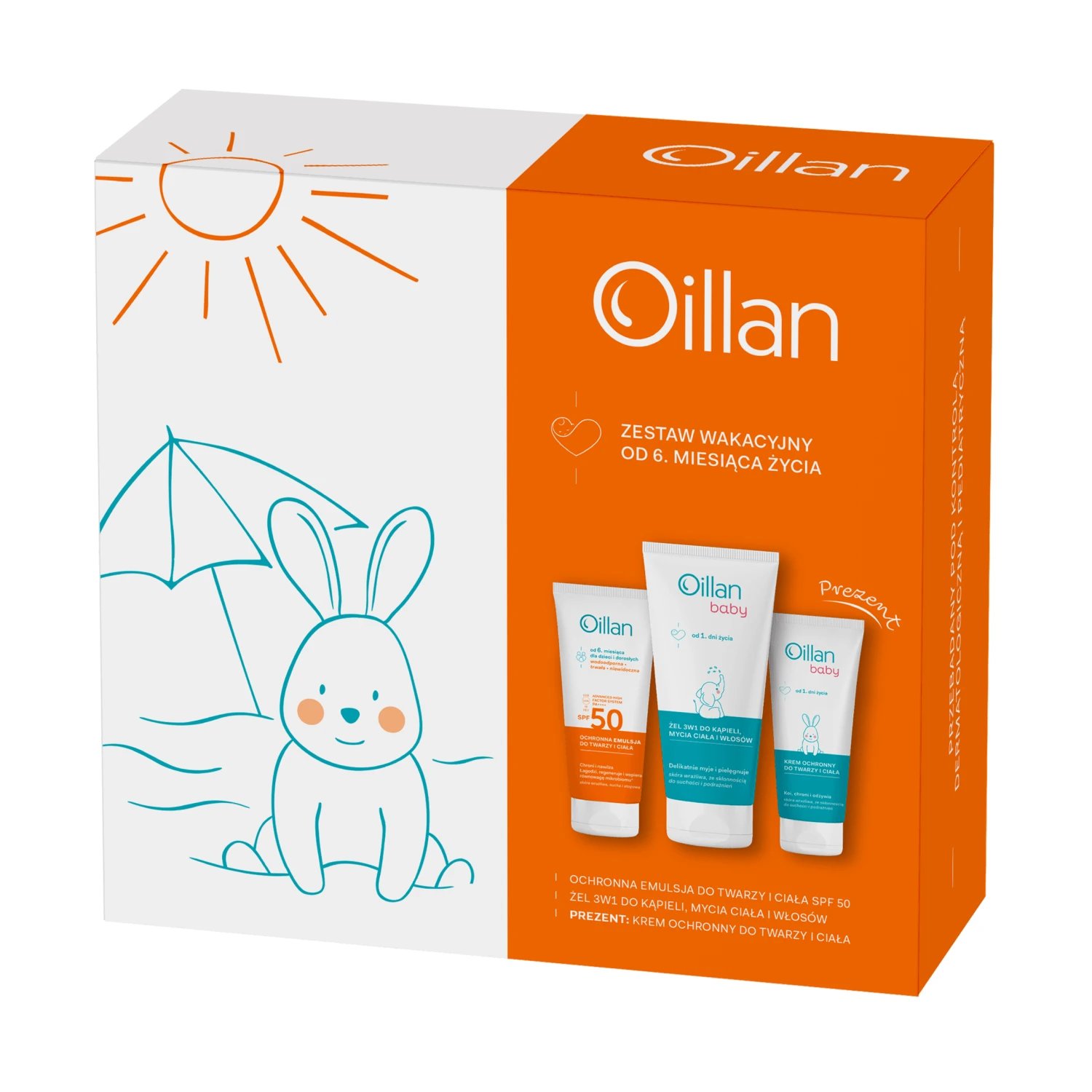 Set Oillan Sun, Emulsie protectoare pentru față și corp, SPF 50, 100 ml + gel de baie 3în1, 200 ml + cremă dermohidratantă, 75 ml gratuit