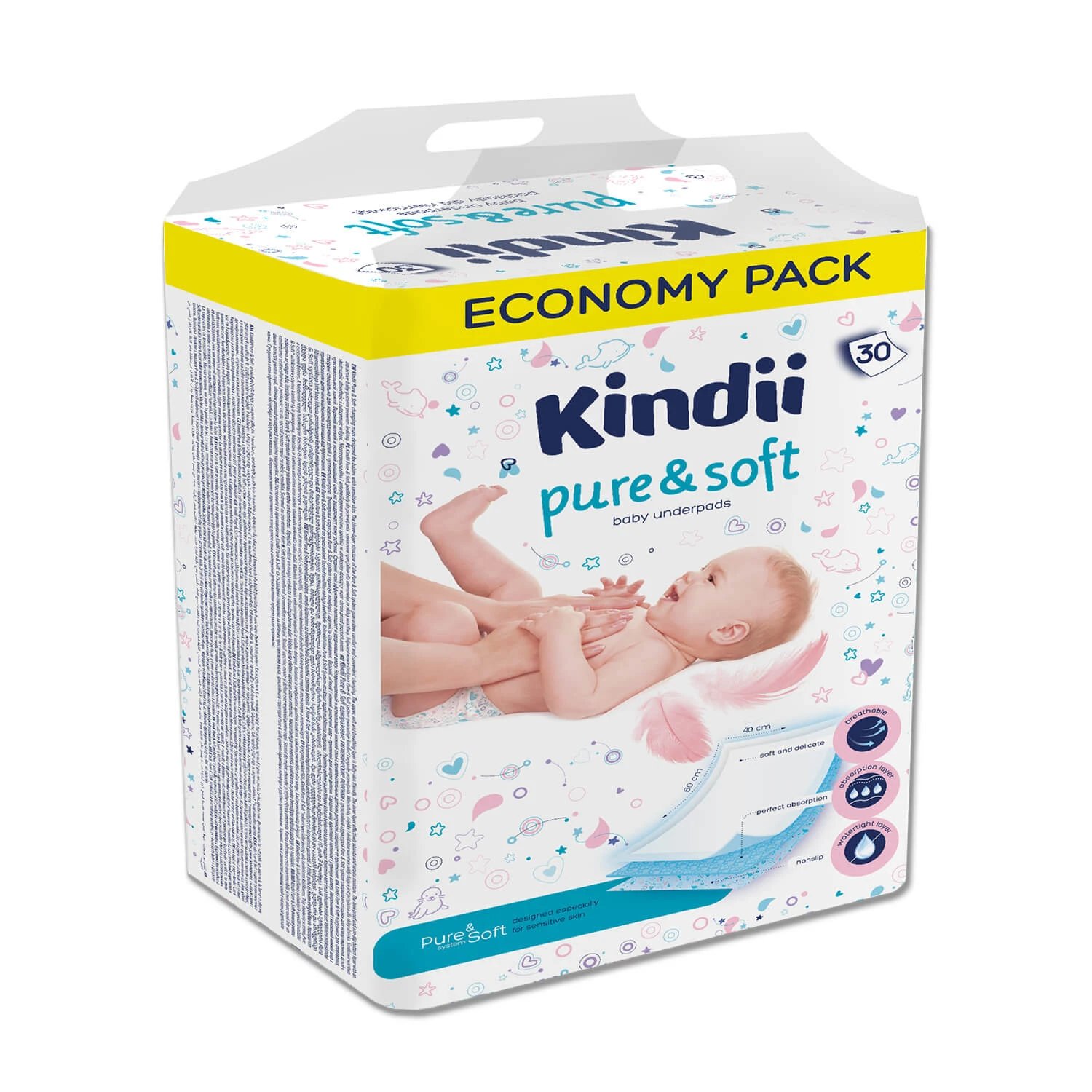 Kindii Pure & Soft, absorbante de unică folosință pentru copii, 60 cm x 40 cm, 30 bucăți