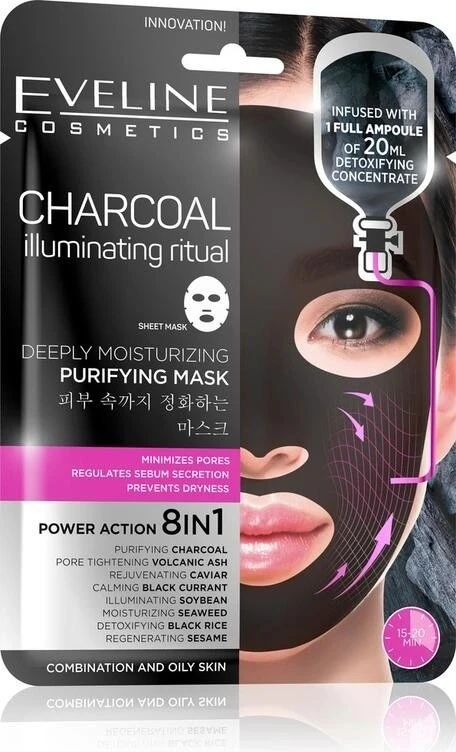 EVELINE CHARCOAL DEEPLY MOISTURIZING FACE SHEET MASK 1×20 ml, mască