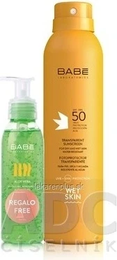 BABÉ SUN Spray de protecție solară SPF 50 + gel Aloe vera, 1x1 set 1x200 + 90 ml, spray de protecție solară + cadou: gel răcoritor