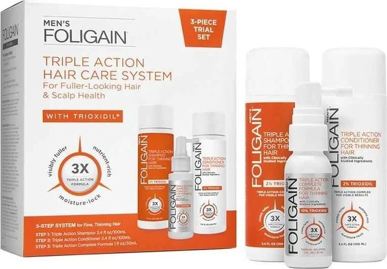 Foligain Triple Action set de călătorie împotriva căderii părului pentru bărbați 100ml + 100 ml + 30 ml 1×1 set, produse împotriva căderii părului