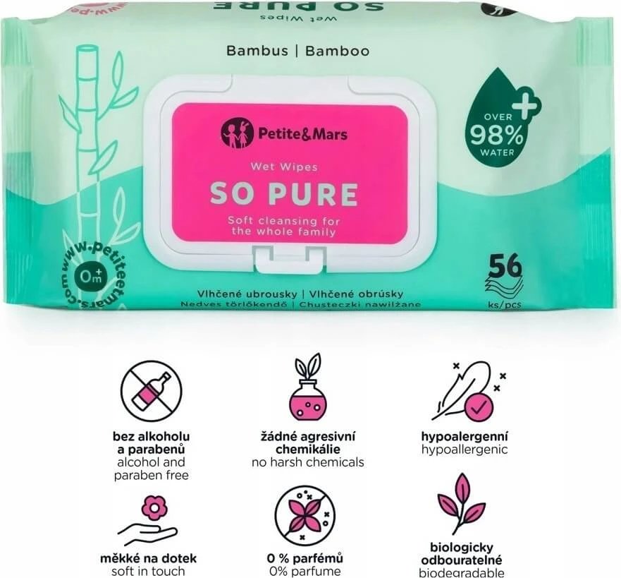 PETITE&MARS Șervețele umede SO PURE bambus biodegradabile fără plastic 56 buc 1×56 buc, șervețele umede