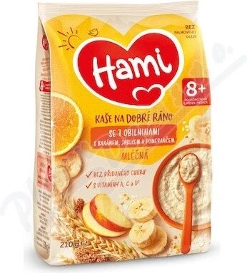 HAMI Terci de lapte cu 7 cereale cu banane, mere și portocale 1×210 g, terci de fructe