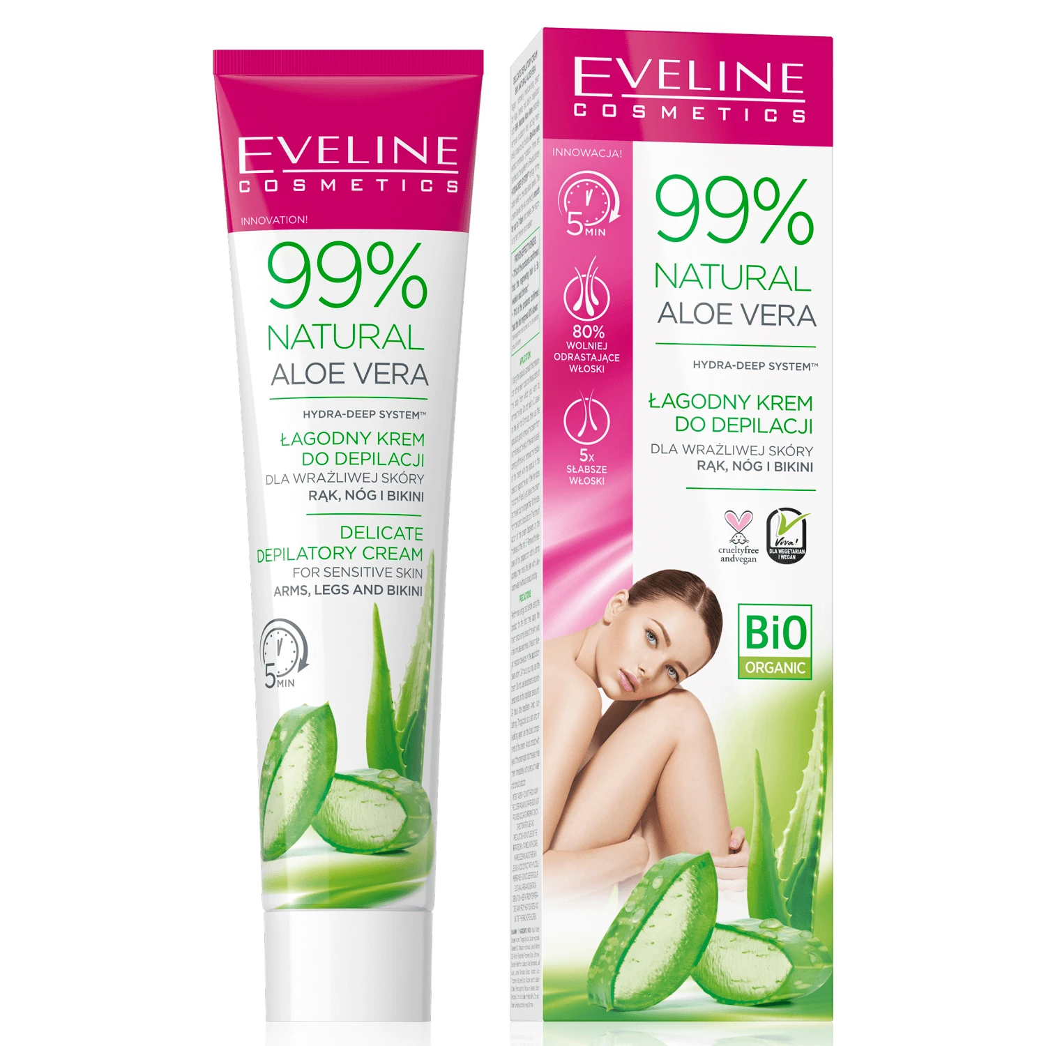 Eveline Cosmetics 99% Aloe Vera naturală, cremă pentru îndepărtarea părului de pe mâini, picioare și bikini, 125 ml