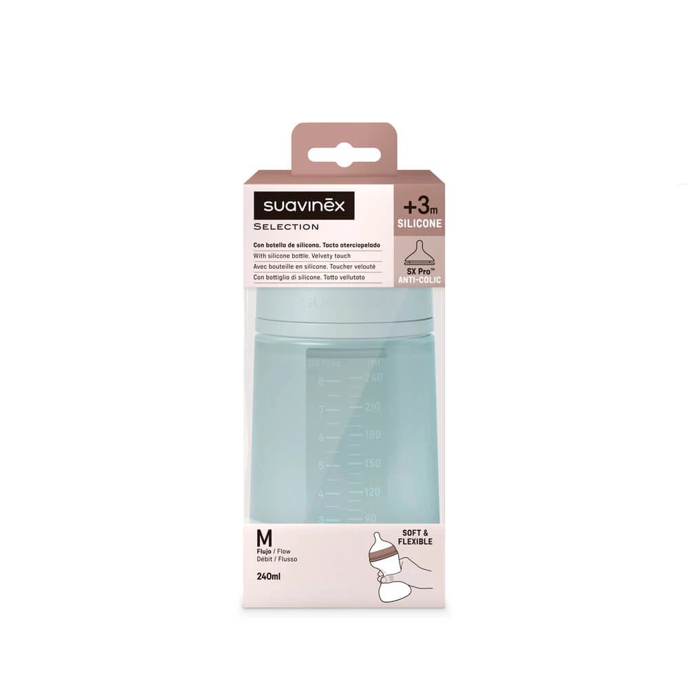 Biberon din silicon SX Pro cu debit mediu Colour Essence, Albastru, 240 ml, Suavinex