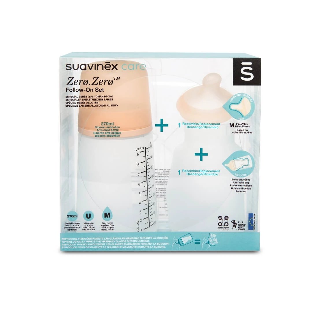 Set biberon anticolici 270 ml + Tetina cu debit mediu+ Saculet din silicon, Suavinex