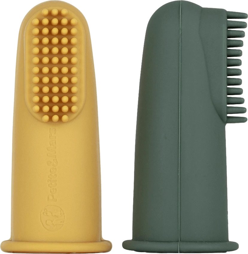 Petite&Mars Set de periuțe de dinți din silicon Ochre&Green 0m+ 2 buc