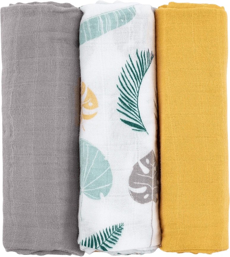 Petite&Mars Set de scutece din muselină de bambus Moussy Ochre Leaves, 68 x 68 cm 3 buc