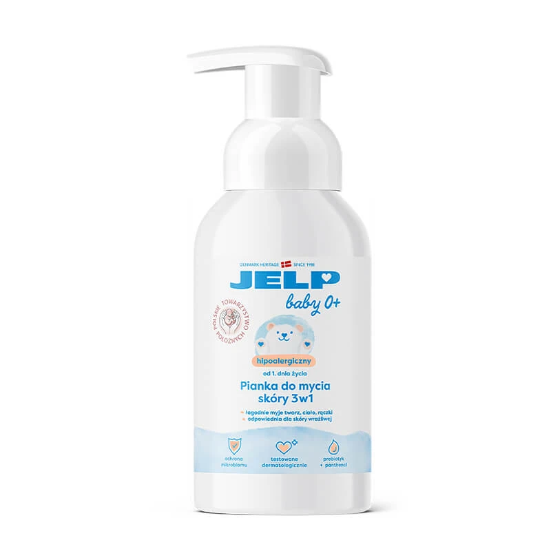 Jelp Baby 0+, spumă hipoalergenică de curățare a pielii 3în1, din prima zi de viață, 250 ml