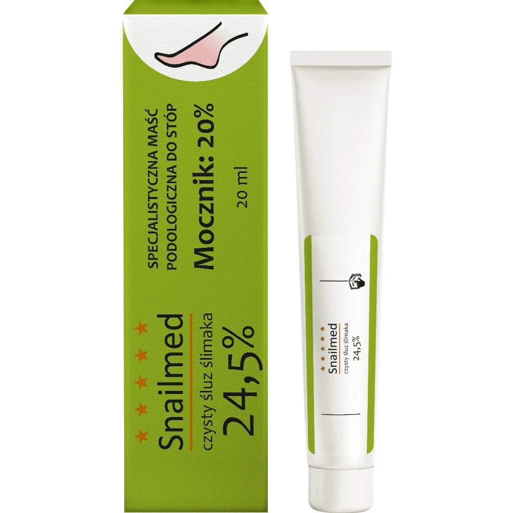 Snailmed Pure Snail Mucus 24.5%, unguent podiatric profund hidratant pentru picioare cu mucus natural de melc, uree, ulei de avocado, unt de shea și vitamina E, 20 ml