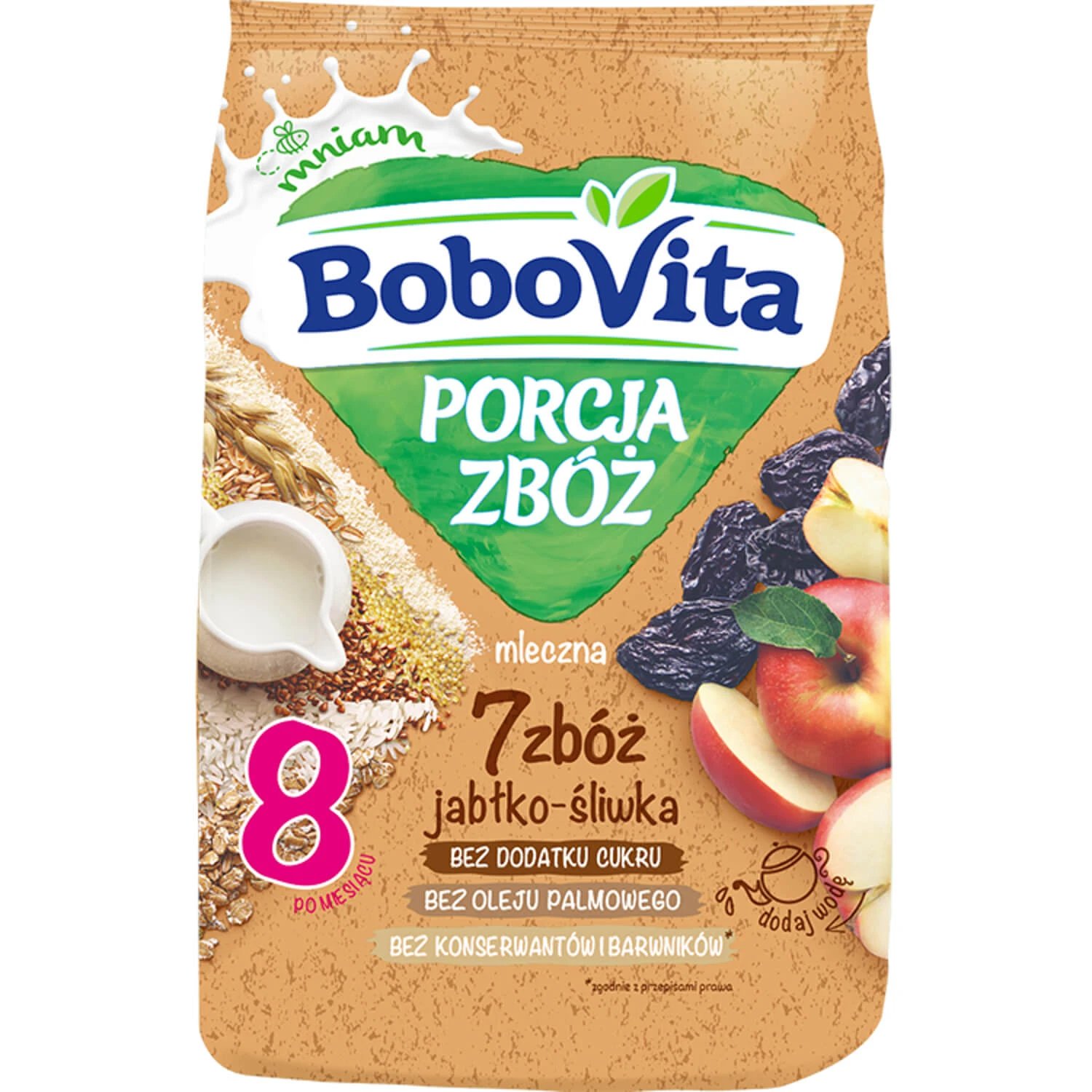 BoboVita Porcja Zbóż Porridge 7 cereale, mere și prune, lapte, fără zahăr adăugat, după 8 luni, 210 g