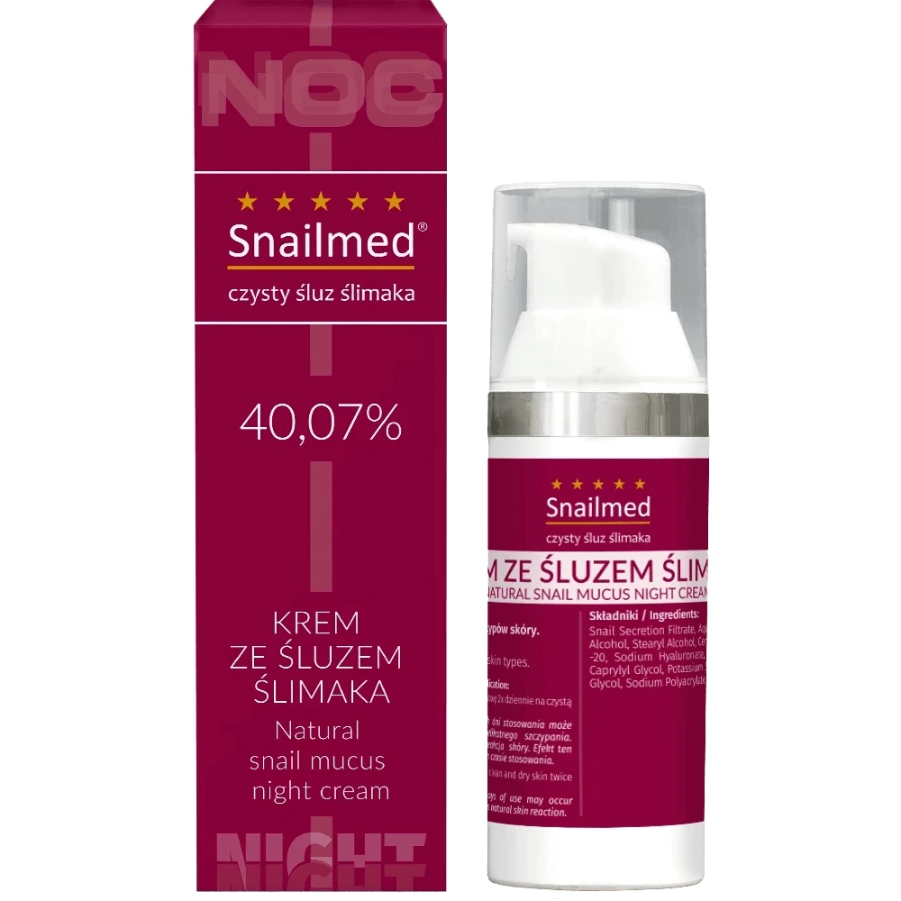 Snailmed Pure Snail Mucus 40.07%, cremă regenerantă cu mucus natural de melc, acid hialuronic și ceară de albine, pentru noapte, 30 ml