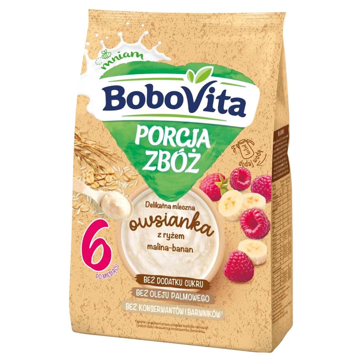BoboVita Porcja Zbóż Fulgi de ovăz delicați cu orez, zmeură-banană, fără zahăr adăugat, după 6 luni, 210 g