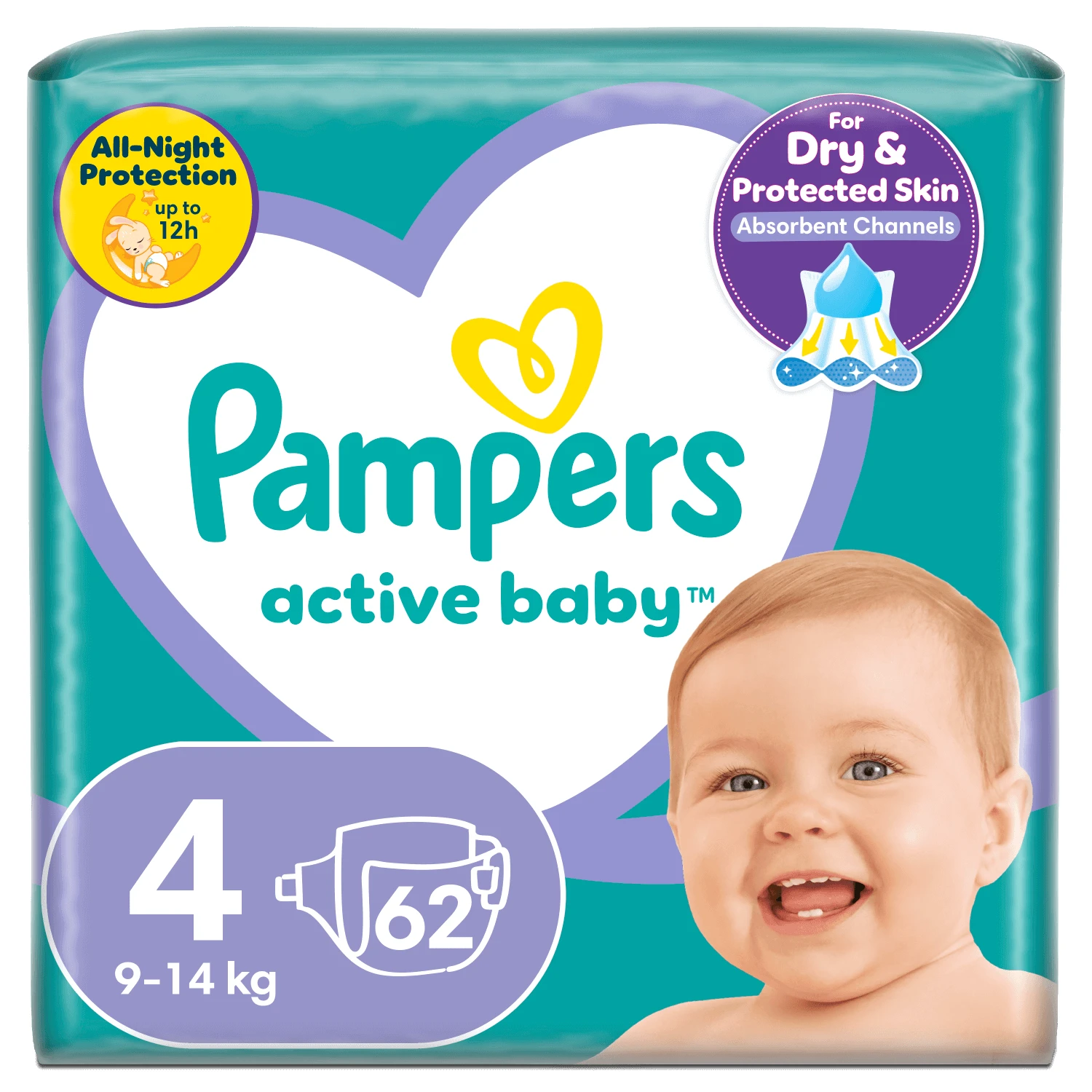 Pampers Active Baby, scutece, mărimea 4, 9-14 kg, 62 buc