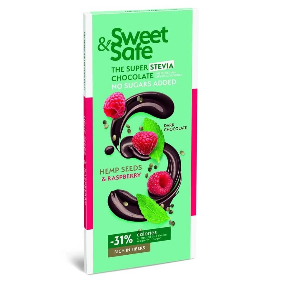 Ciocolata amaruie cu seminte de canepa si zmeura Sweet & Safe, 90 g, Sly Nutritia