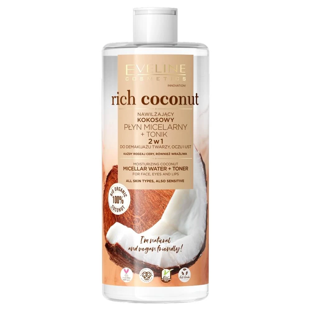 Eveline Cosmetics Rich Coconut 2in1 Loțiune micelară hidratantă din nucă de cocos și tonic, 500ml