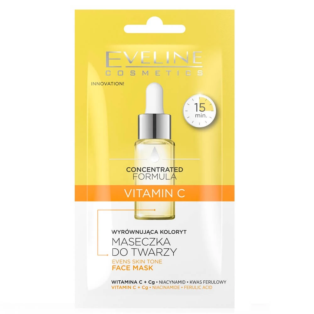 Eveline Cosmetics Formulă concentrată de nivelare a culorii Mască de față cu vitamina C, 8 ml