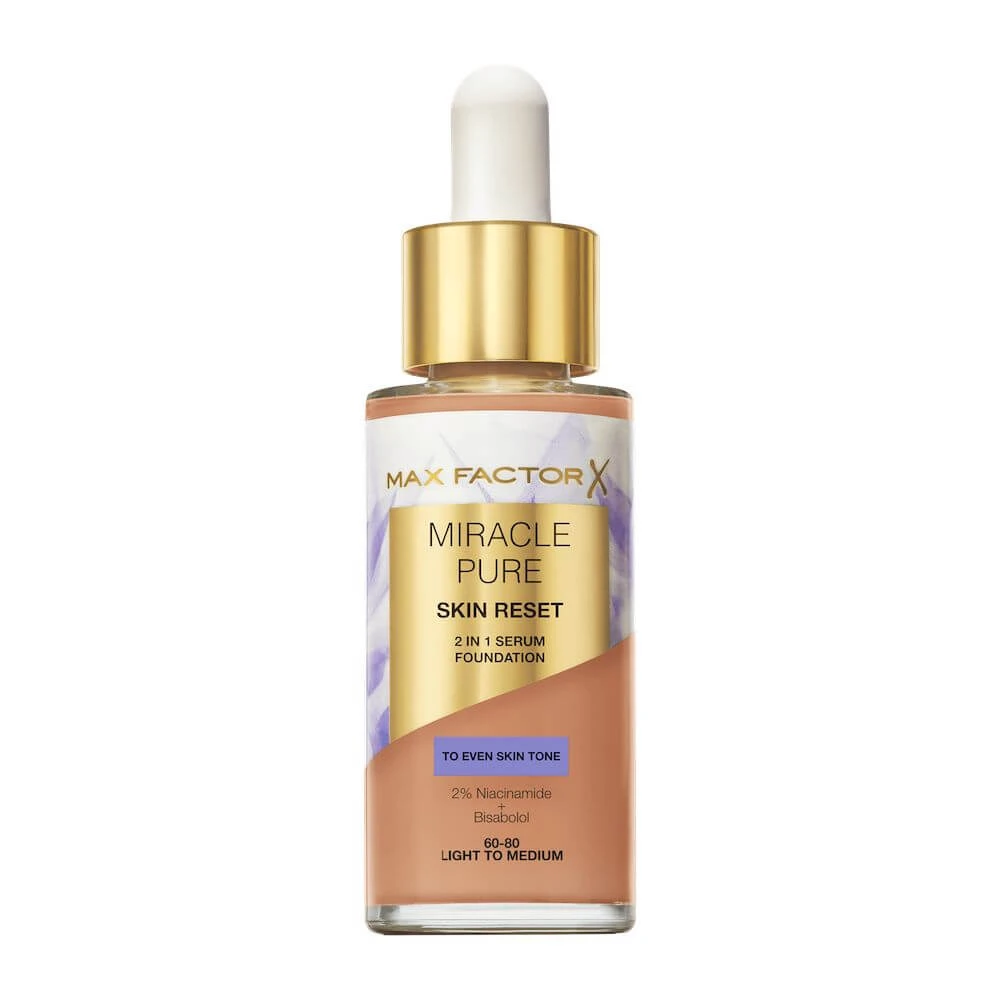 Max Factor Miracle Pure 2-in-1 Skin Reset Nourishing Serum Primer with Vegan Formula 60-80 Light to Medium, 30 ml