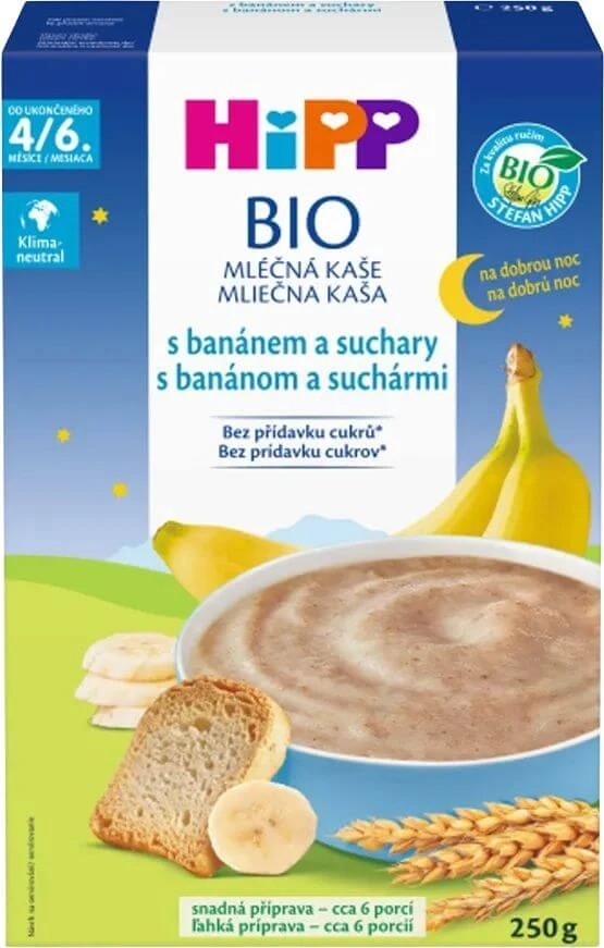 HiPP BIO Noapte bună terci de lapte cu banane și biscuiți din Marea Britanie. 4.-6. 6 - 6 luni 250 g