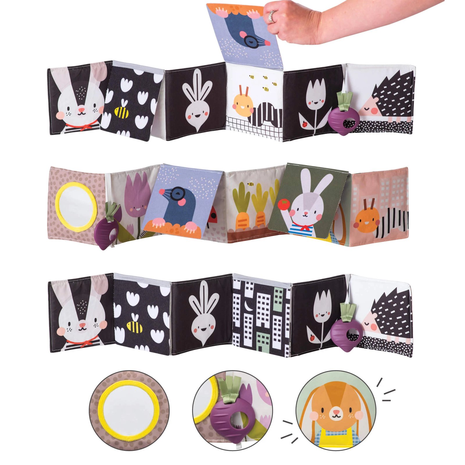 Jucarie 3 in 1 pentru landou Urban Garden, + 0 luni, Carticica Hazlie, Taf Toys