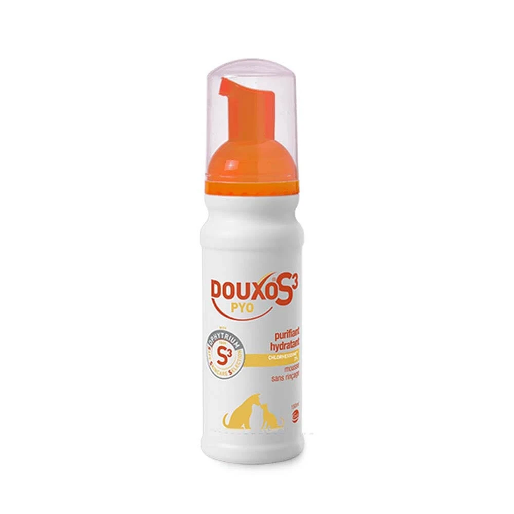 Ceva Douxo Spumă fără clătire purifiantă și hidratantă S3 Pyo Clorhexidină 3% Parfum nucă de cocos și vanilie 150 ml