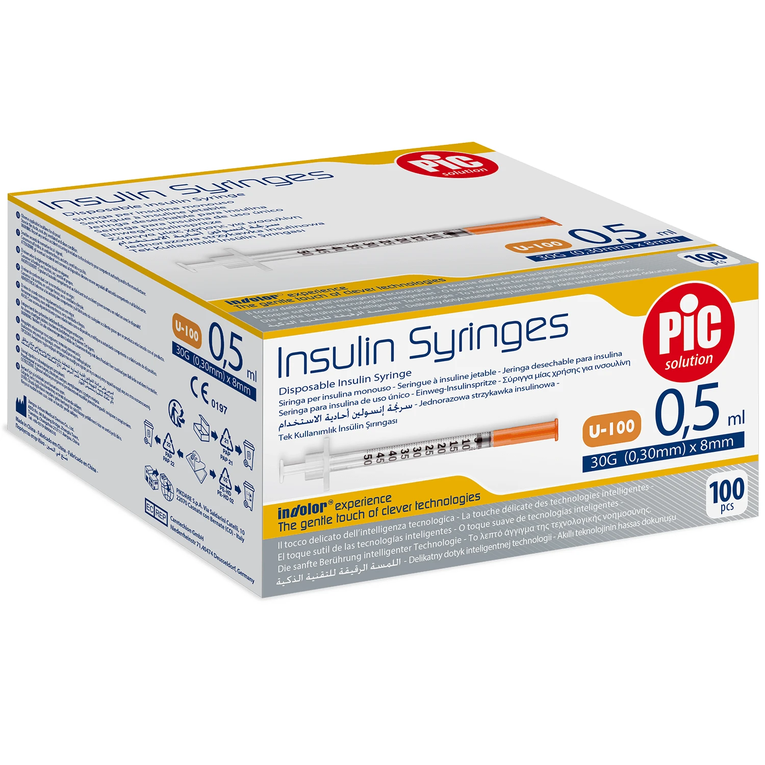 Seringi de insulină Pic Solution, seringă de insulină de 0,5 ml cu ac 31G (0,25 mm) x 8 mm, 100 bucăți