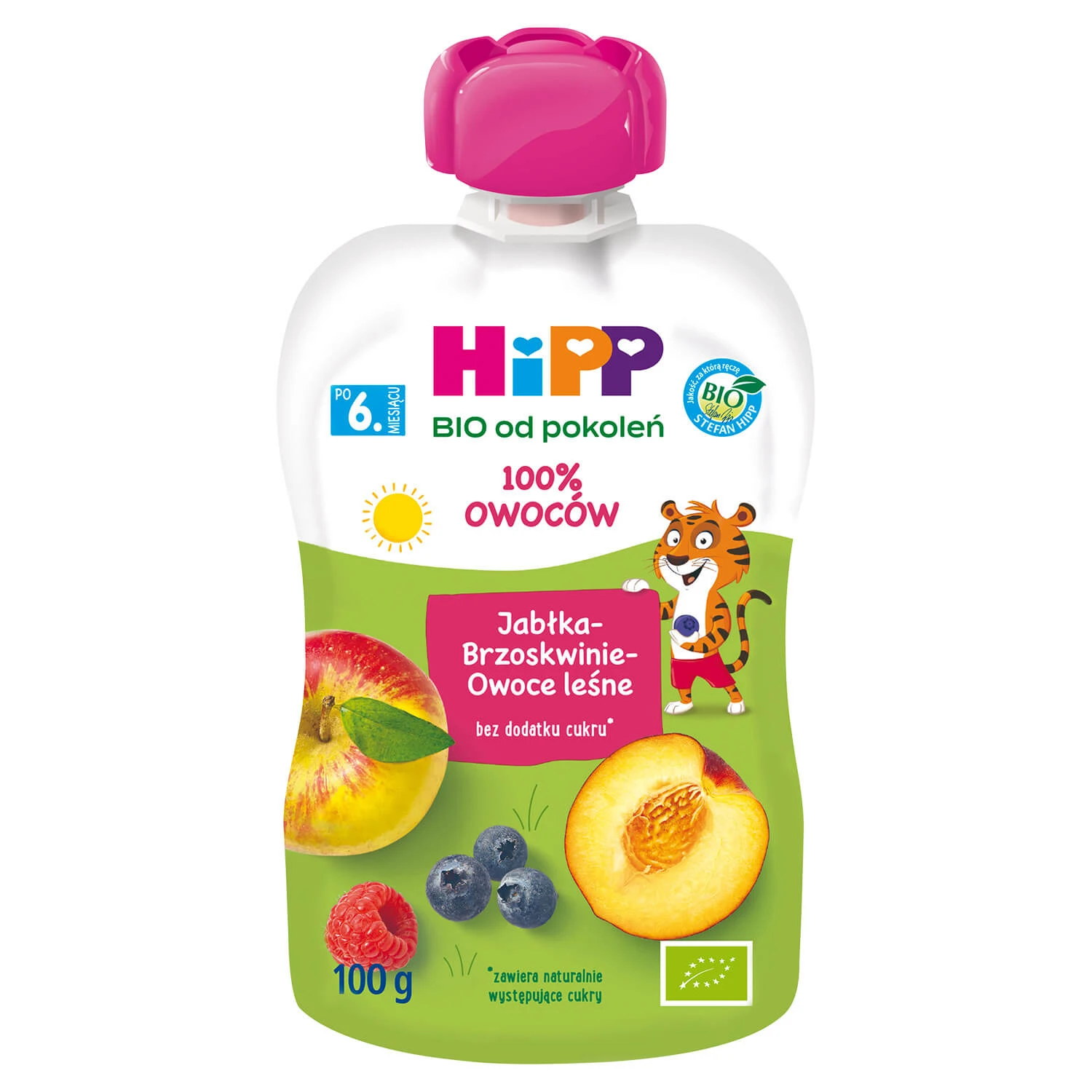 HiPP HiPPiS Bio mousse de fructe, mere, piersici și fructe de pădure, după 6 luni, 100 g