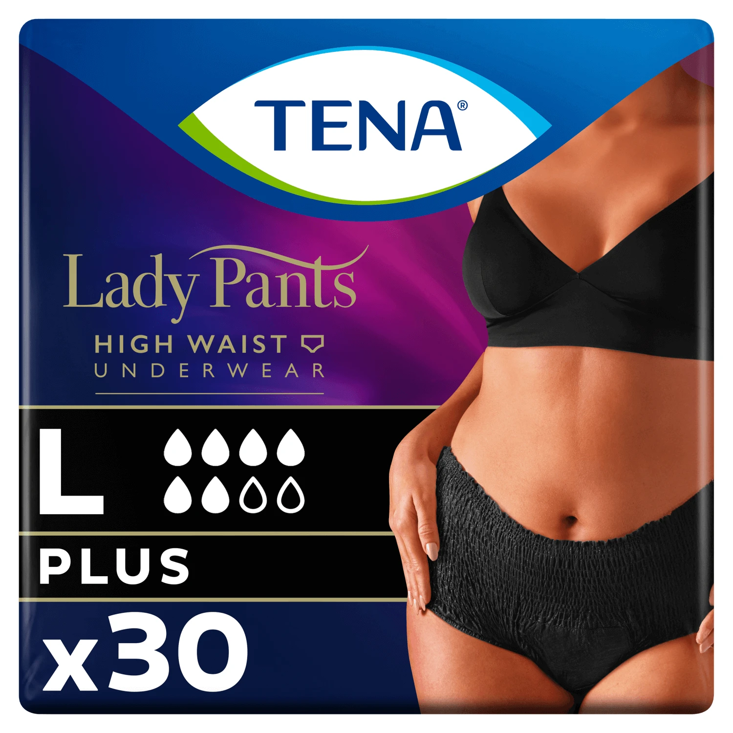 Tena Lady Pants Noir, chiloți absorbanți, mărimea L, 95-130 cm, Plus, 30 bucăți