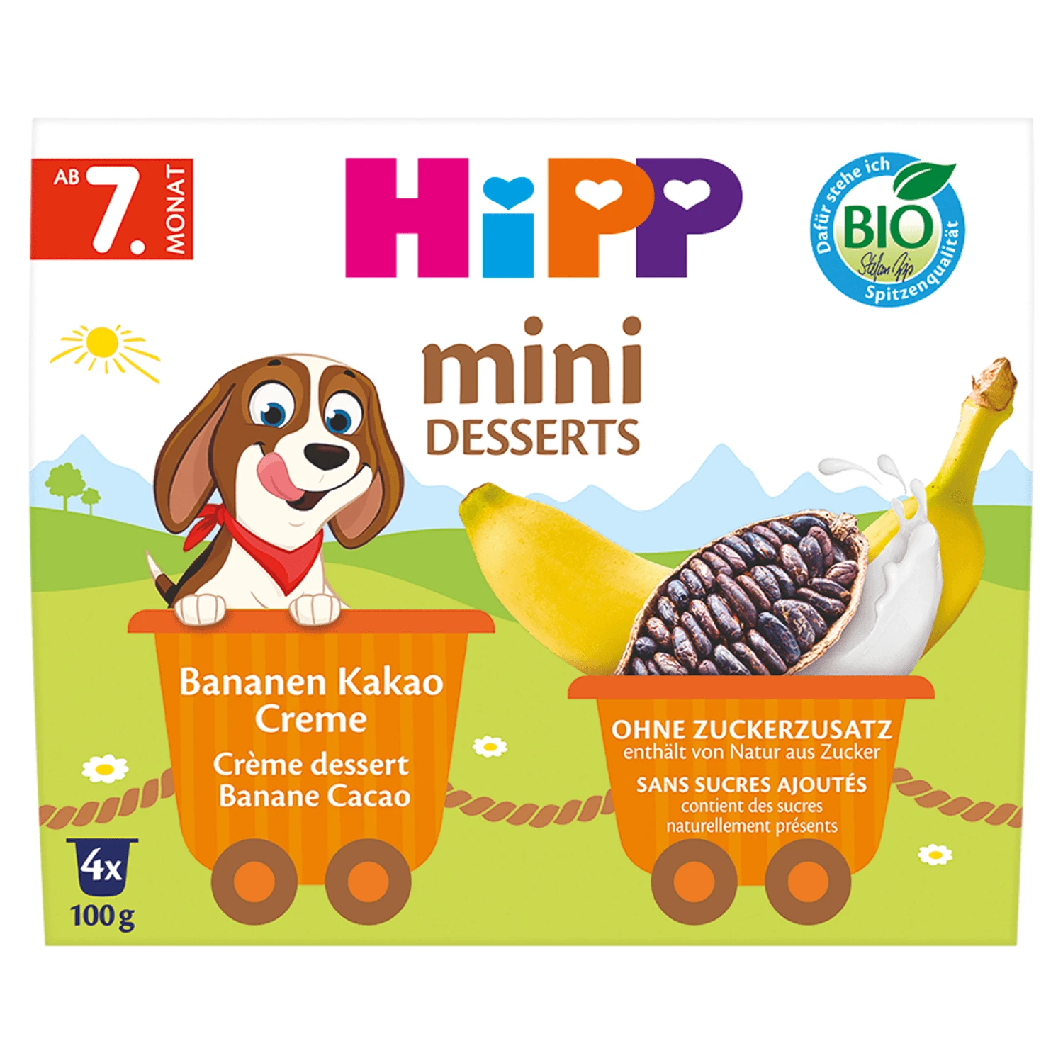 HiPP Mini Dessert Bio, cremă cu banane și cacao, după 7 luni, 4 x 100 g