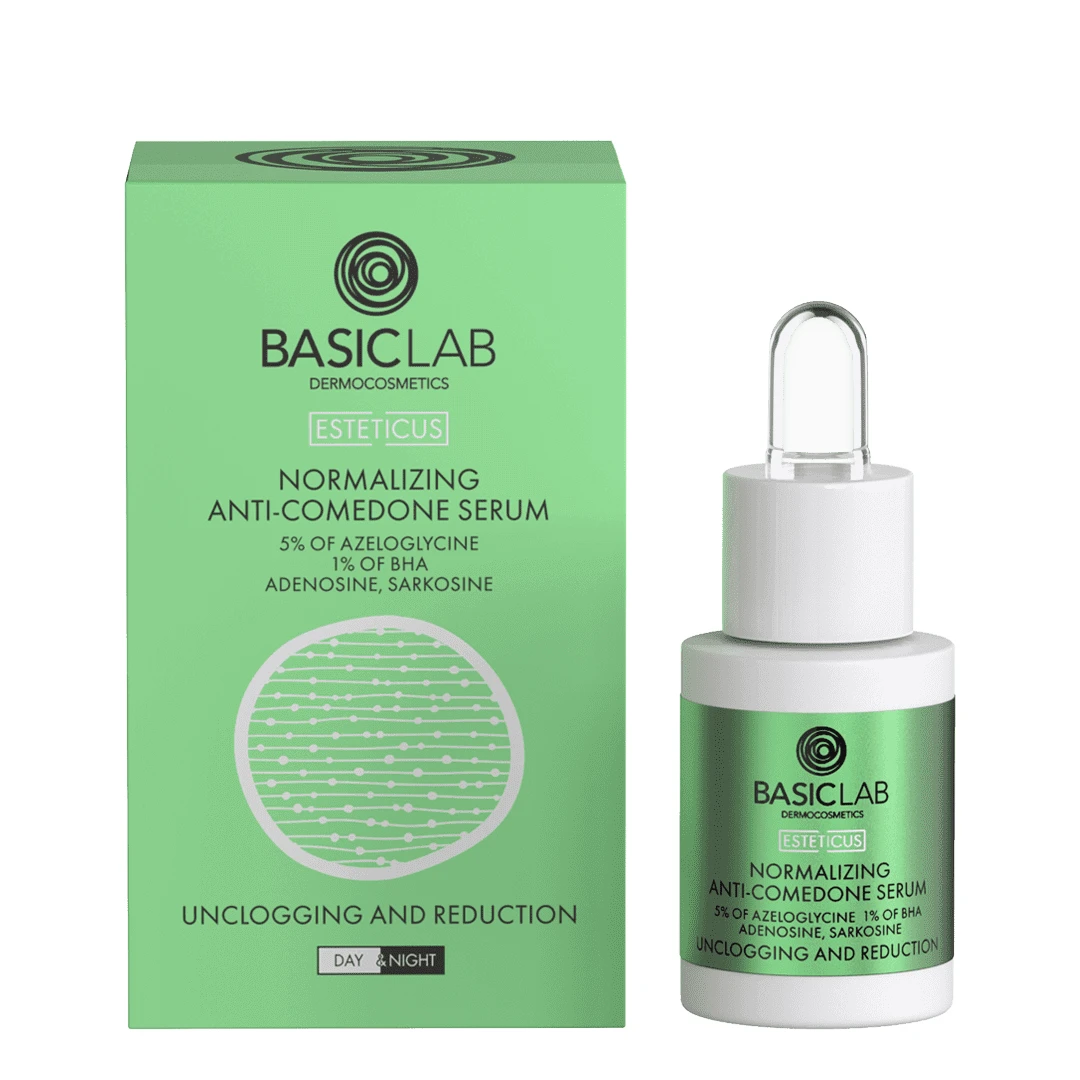 BacisLab Esteticus, ser normalizator împotriva punctelor negre cu 5% azeloglicină și 1% BHA, 15 ml