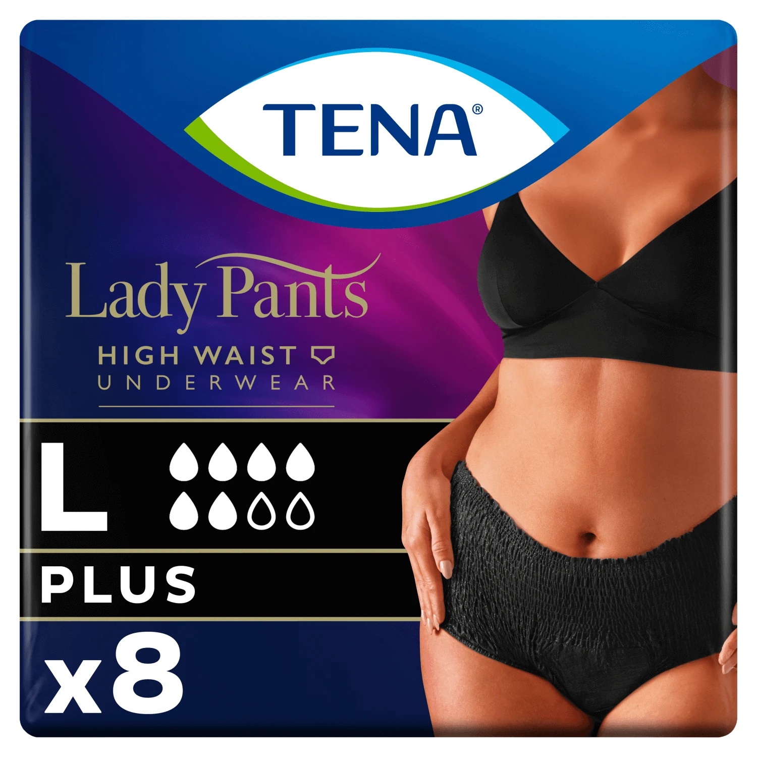 Tena Lady Pants Noir, chiloți absorbanți, mărimea L, 95-130 cm, Plus, 8 bucăți