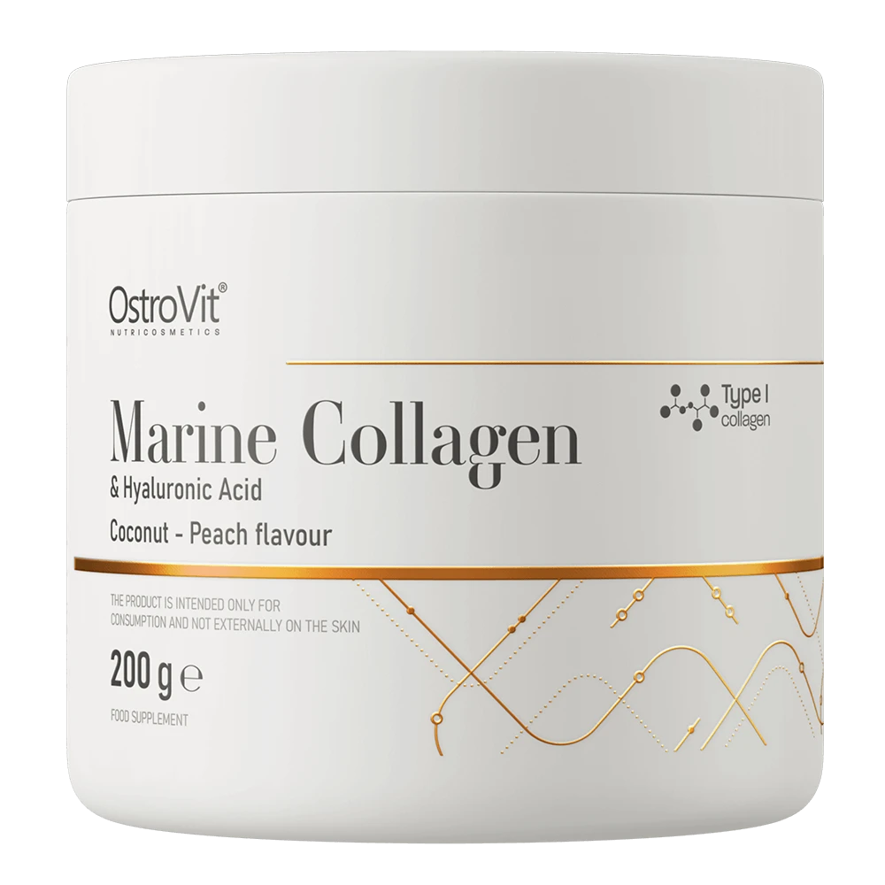 Colagen marin OstroVit + acid hialuronic, aromă de nucă de cocos și piersică, 200 g
