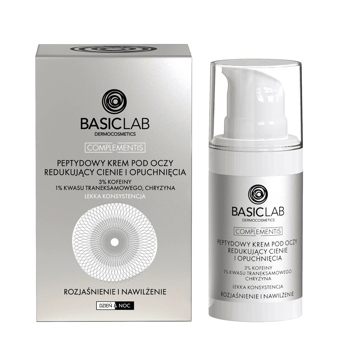 BasicLab Complementis, cremă peptidică pentru ochi pentru reducerea cearcănelor și a cearcănelor, iluminare și hidratare, textură ușoară, 15 ml