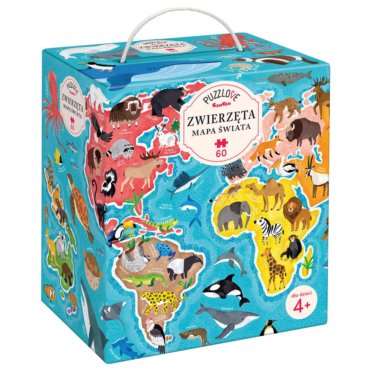 CzuCzu Puzzlove Animale Harta lumii, puzzle pentru copii, de la 4 ani, 60 elemente
