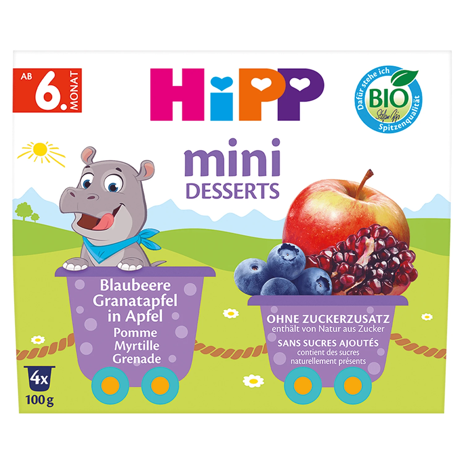 HiPP Mini Dessert Bio, măr, afine, rodie, după 6 luni, 4 x 100 g