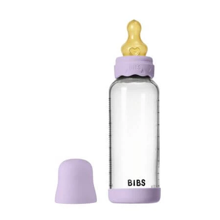 Set complet Biberon anticolici din sticla Boheme 240 ml cu Tetina din latex flux mediu, Violet Sky, Bibs