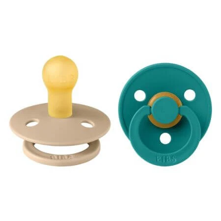 Set 2 suzete cu tetina rotunda Colour Latex, Scuba/Taupe, 0 luni+, Bibs