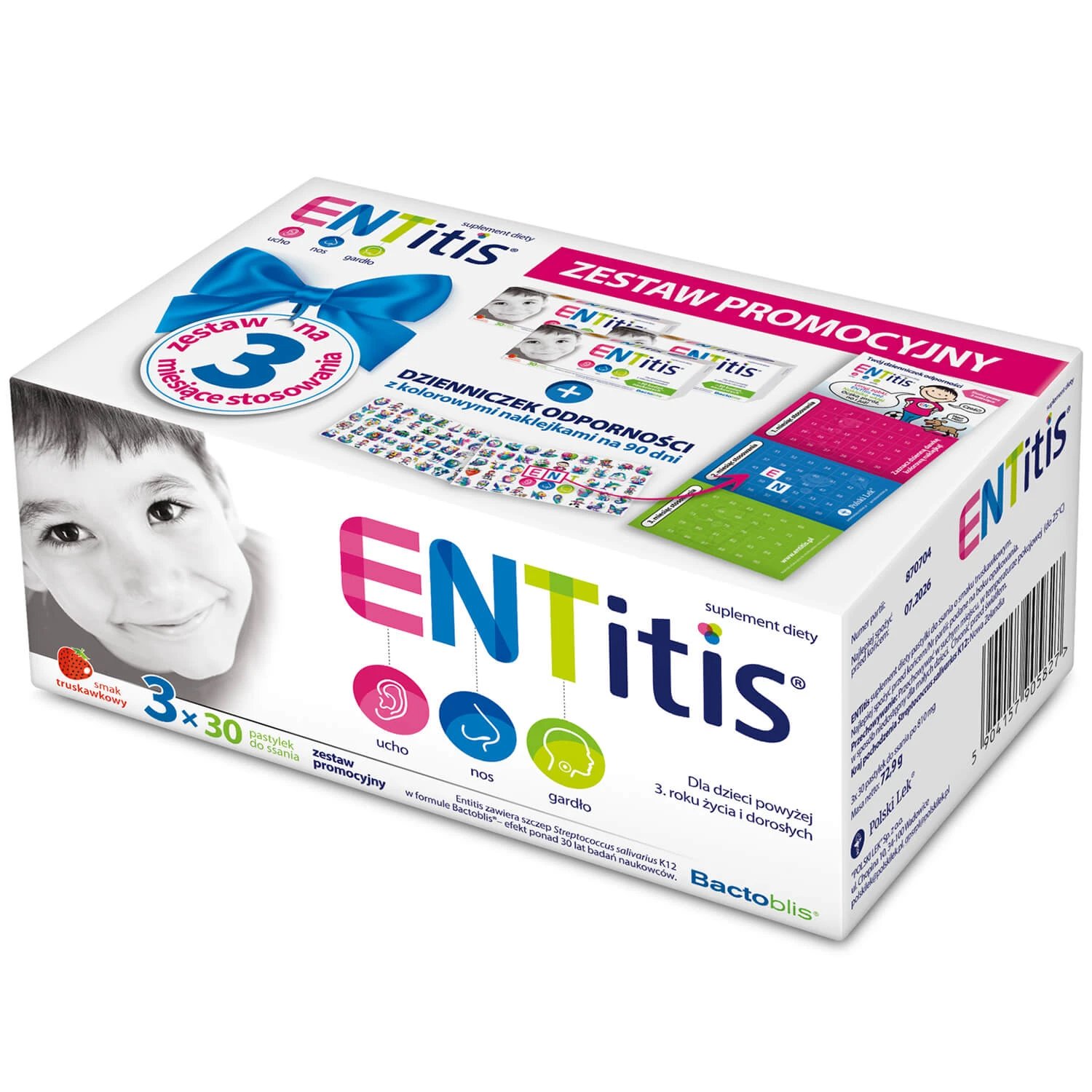 Set ENTitis pentru copii cu vârsta peste 3 ani, aromă de căpșuni, 3 x 30 pastile + jurnal de imunitate