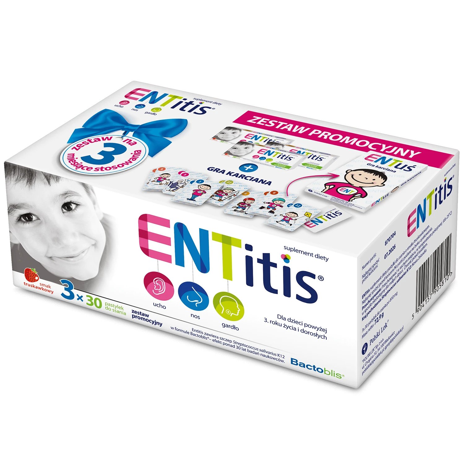 Set ENTitis pentru copii cu vârsta peste 3 ani, aromă de căpșuni, 3 x 30 pastile + joc de cărți