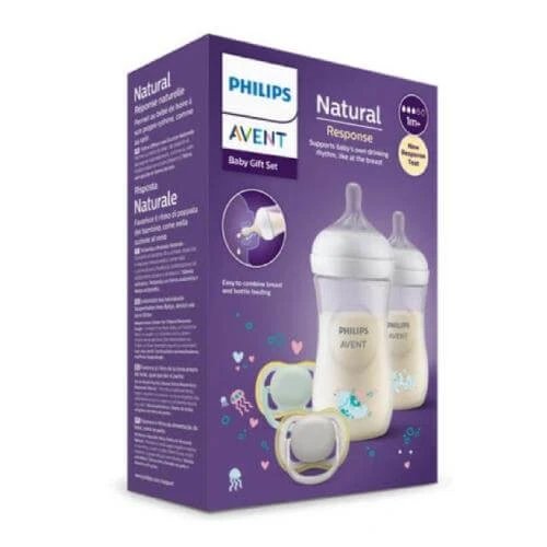 Avent Natural Response Baby Gift set Sticlă anti-colică 1m+ 260ml, 2pcs + Suzeta 0-6m, 2pcs. SCD837/11