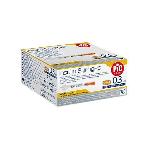 Soluție PIC Seringi de insulină 30G (0.30mm) x 8mm Seringă de insulină de unică folosință 0.3ml, 100 buc.