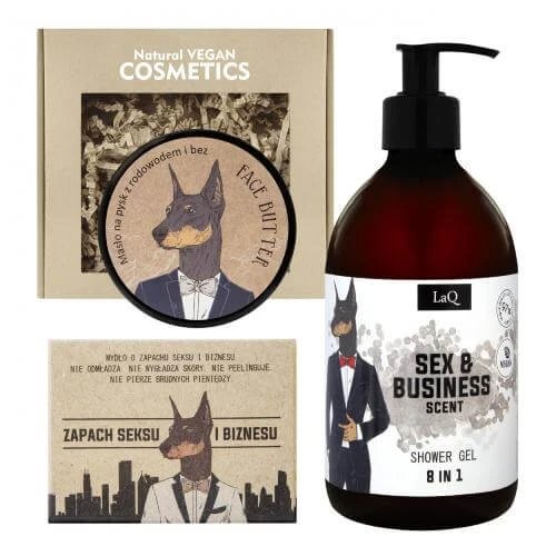 Set cadou LaQ Doberman: Gel de duș, 500ml + Unt de față, 50ml + Săpun în baton, 85g